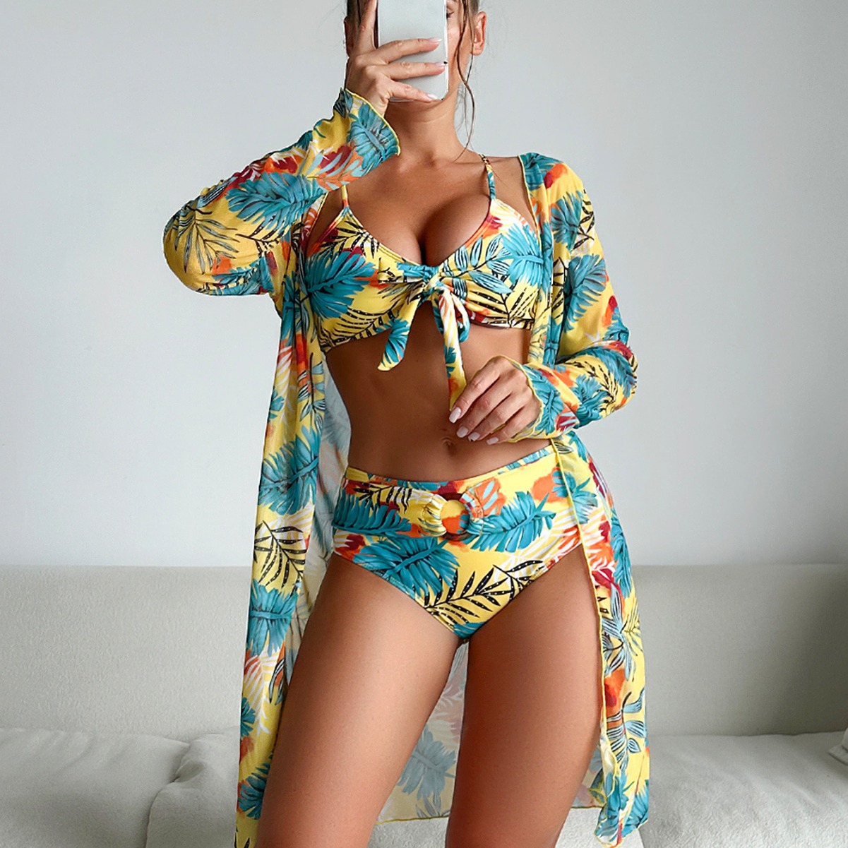 Kimono Sheer Floral - Women 3‑Piece Floral Swimsuit Front Knot